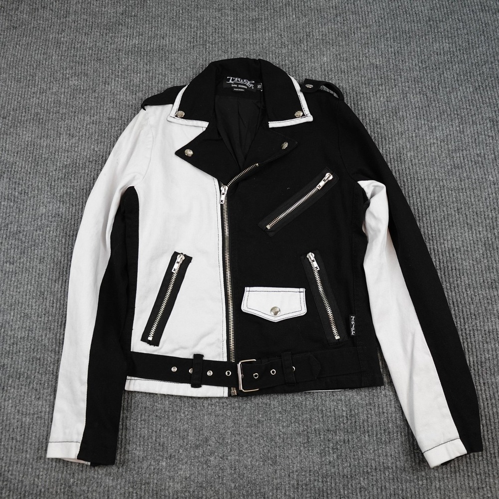 Tripp NYC Biker Jacket Mens XS Black White Colorblock Belted Moto Zip Punk